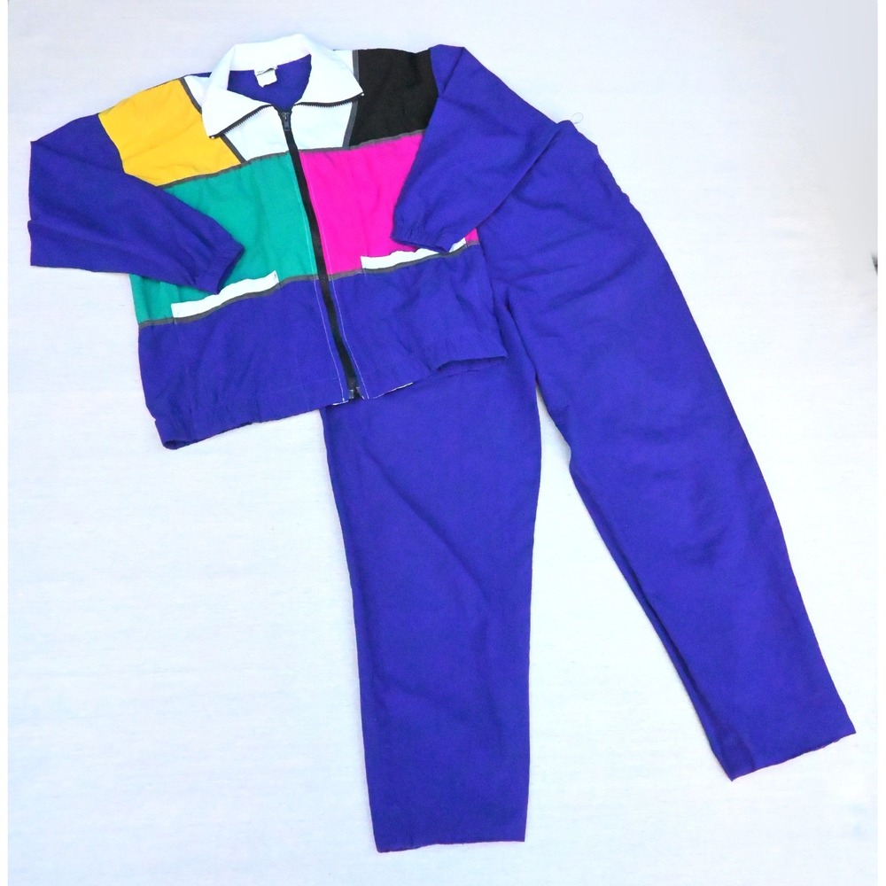 Teddi Sport Vintage 90s Colorblock Shell Track Suit Purple Jacket Pant Set Bold